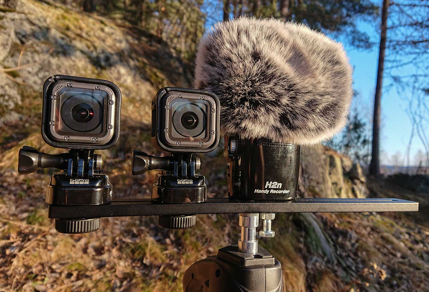 VR120 setup with two GoPro Hero5 cameras and Zoom H2N in spatial audio mode.