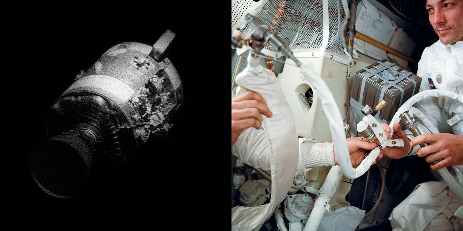 Apollo 13, romskipet etter eksplosjon og improvisert luftrenser.