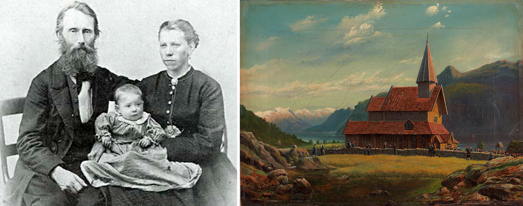T.v: Tycho Christoffer Jæger, kona Bergithe Amalia og trolig den eldste av barna, Øllegaard (f. 1871). T.h: Maleriet Urnes Kirke i Sogn. (1853) Nasjonalgalleriet.
