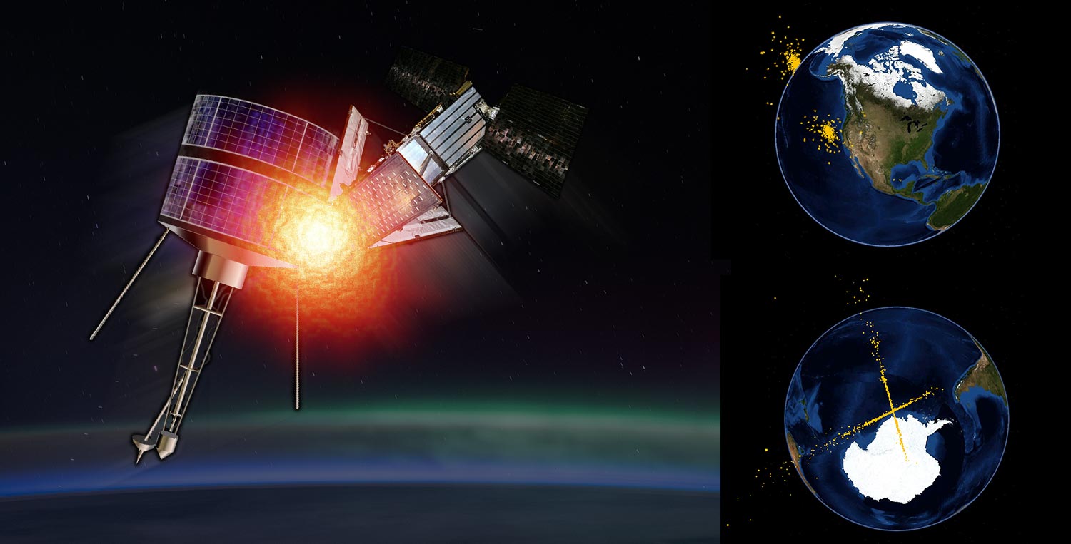 Kollisjon mellom russisk Kosmos-satellitt og amerikansk Iridium-satellitt, samt spredesimulering for romsøppel etter kollisjonen.