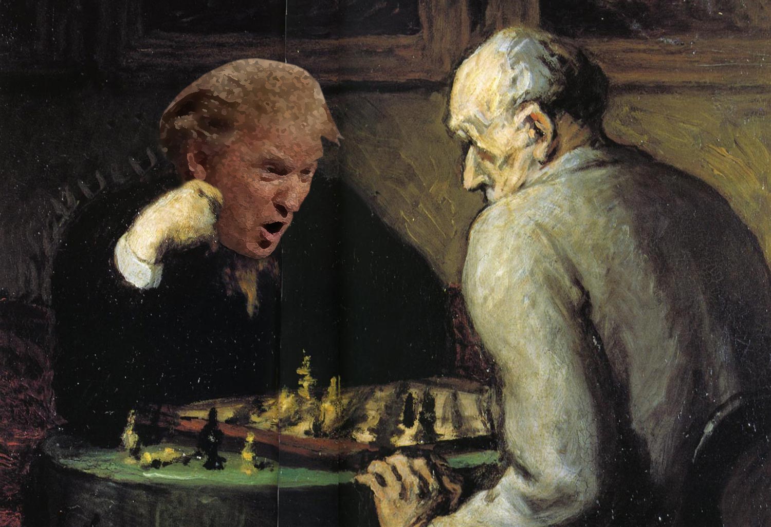 Fotomontasje, Trump montert inn i maleriet Sjakkspillere av Honoré Daumier, ca 1765.