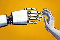 Robothand and human hand, draawing by artificial intelligence DallE-2
